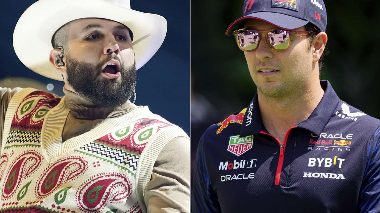 Carin Leon performs at the Latin American Music Awards in Las Vegas on April 20, 2023, left, and Red Bull driver Sergio "Checo" Perez, of Mexico, appears during the Singapore Formula One Grand Prix at the Marina Bay circuit in Singapore on Sept. 15, 2023. Perez appears in the music video for “Por La Familia,” a new track from Carín León and BorderKid.
