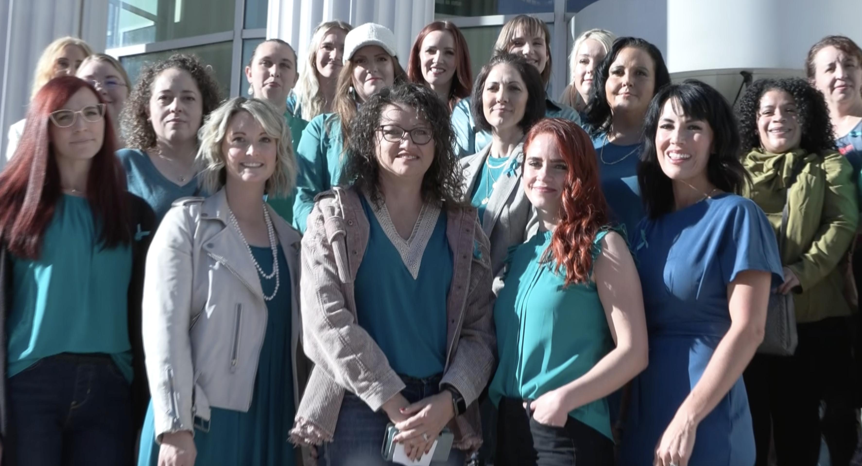 Women who claim they were abused by a Provo OB-GYN pose for a photo for reporters on the steps of the Matheson Courthouse in Salt Lake City after their case was argued before the Utah Supreme Court on Friday.