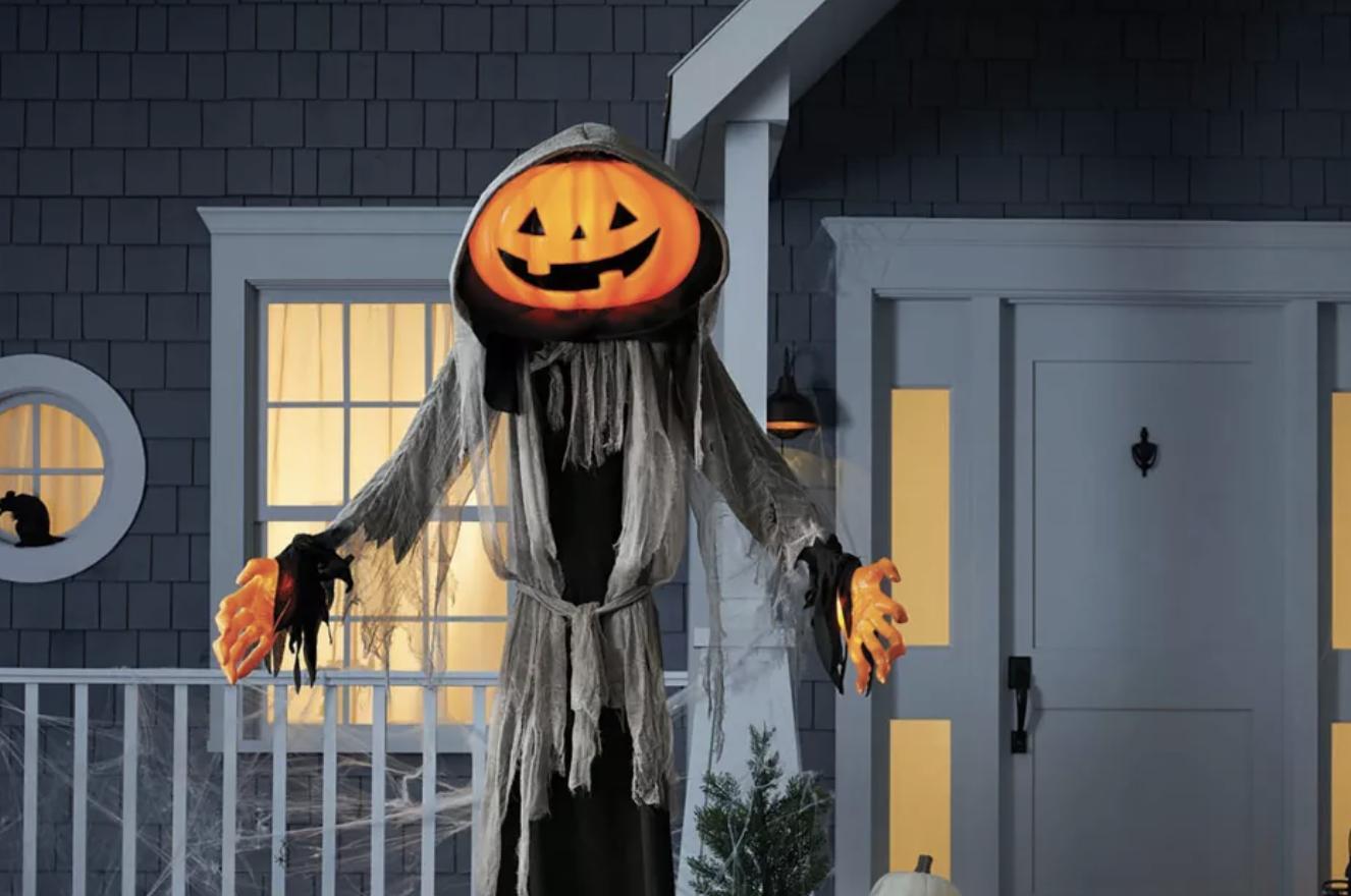 The 8' Light and Sound Pumpkin ‘Lewis’ Halloween Ghoul is sold at Target in its Halloween section. The decoration has been making shoppers laugh with its unexpected name.