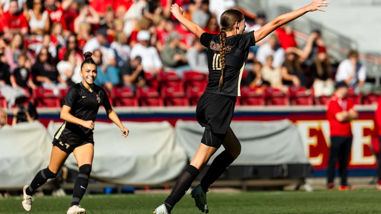 Lone Peak’s Samantha Sellers celebrates after scoring a goal during the 6A girls soccer state championship against American Fork at America First Field in Sandy on Friday, Oct. 20, 2023. Lone Peak won the championship game 5-0.