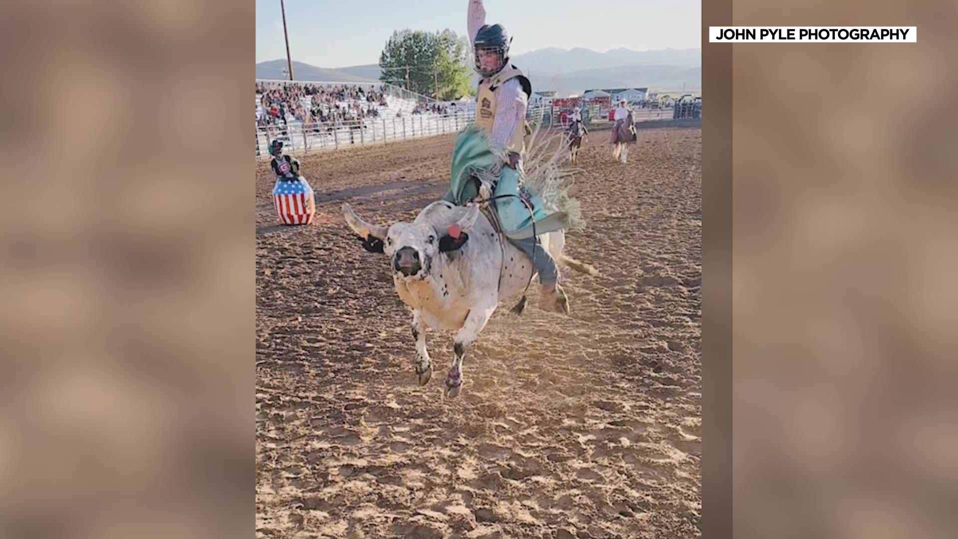 Dax Preston rides a bull with his helmet on. Preston, a cowboy from Tooele, is lucky to be alive after riding a bull Saturday when things went south.