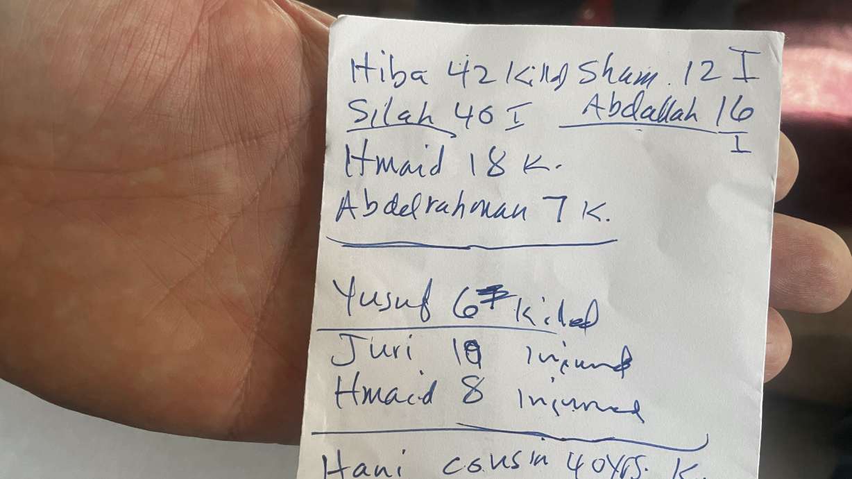 Jehad Adwan holds a hand-written list of the names and ages of his wife's relatives – with the word "killed" or "K" next to five of the names, and the word "injured" or "I" beside another five – inside his home in Blaine, Minn., on Oct. 16.