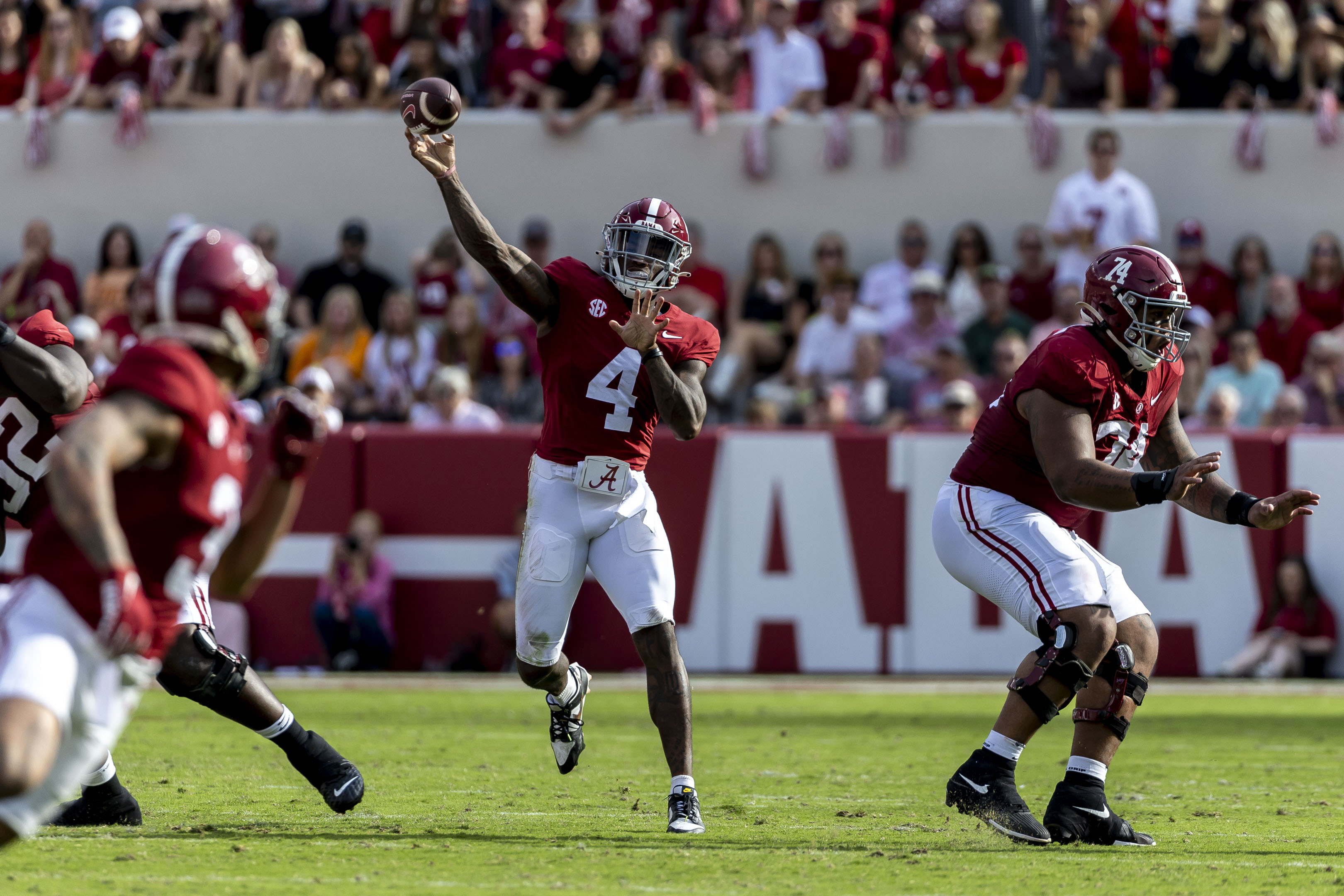 Alabama quarterback Jalen Milroe (4) throws a pass against Tennessee during the first half of an NCAA college football game, Saturday, Oct. 21, 2023, in Tuscaloosa, Ala. 
