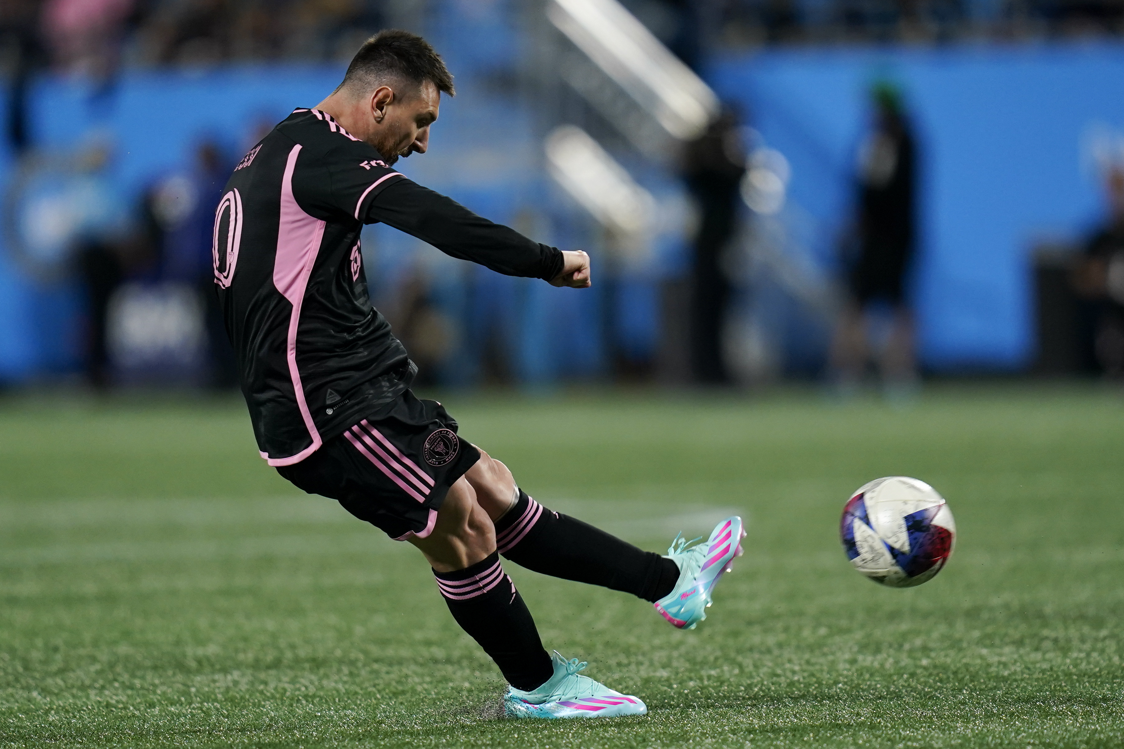 Inter Miami forward Lionel Messi shoots a free kick during the second half of an MLS soccer match against Charlotte FC, Saturday, Oct. 21, 2023, in Charlotte, N.C.