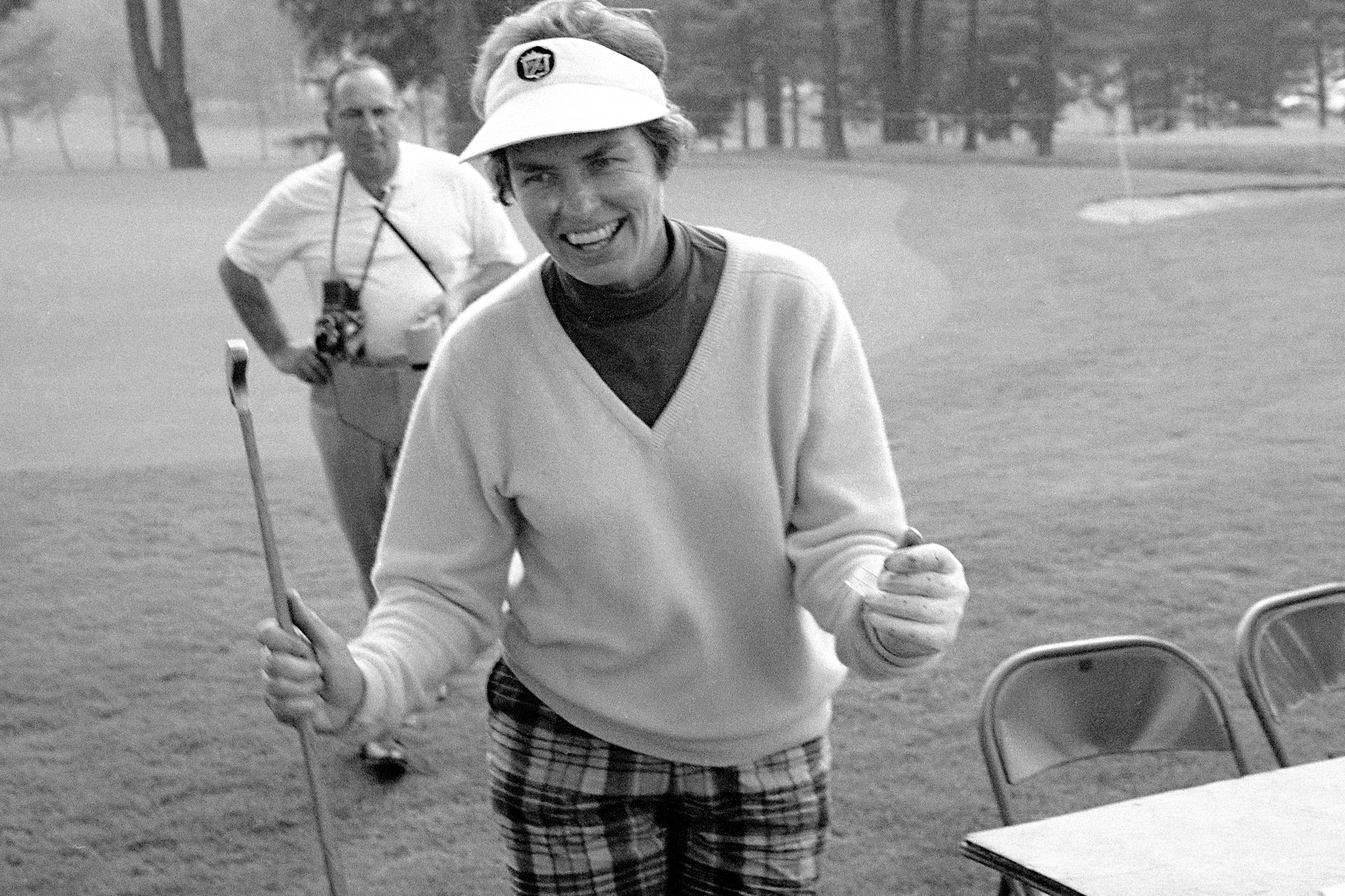 FILE - Betsy Rawls smiles after charging from behind with a final round to win the $36,000 Ladies Professional Golfers' Association's tournament at Kiamesha Lake, N.Y., July 28, 1969. Rawls, a Hall of Fame golfer, has died at age 95. The LPGA Tour announced her passing Saturday, Oct. 21, 2023. 