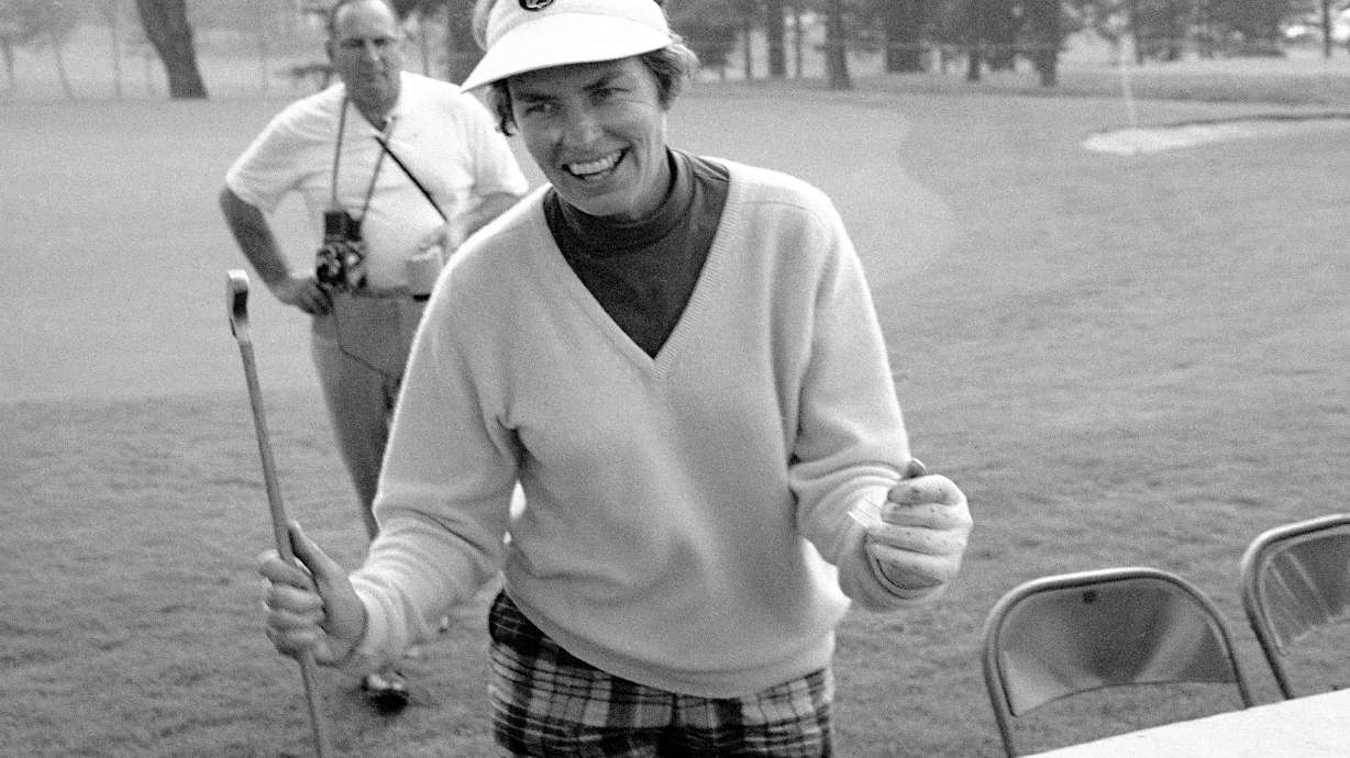 FILE - Betsy Rawls smiles after charging from behind with a final round to win the $36,000 Ladies Professional Golfers' Association's tournament at Kiamesha Lake, N.Y., July 28, 1969. Rawls, a Hall of Fame golfer, has died at age 95. The LPGA Tour announced her passing Saturday, Oct. 21, 2023.