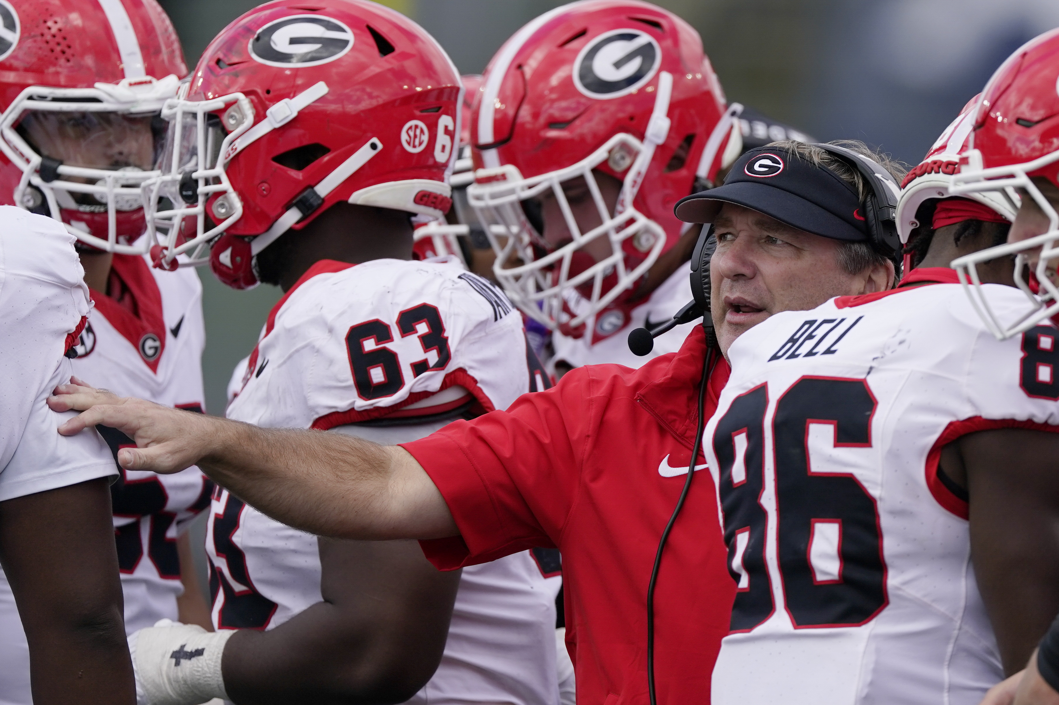 Georgia head coach Kirby Smart gives instruction to his players in the second half of an NCAA college football game against Vanderbilt, Saturday, Oct. 14, 2023, in Nashville, Tenn.