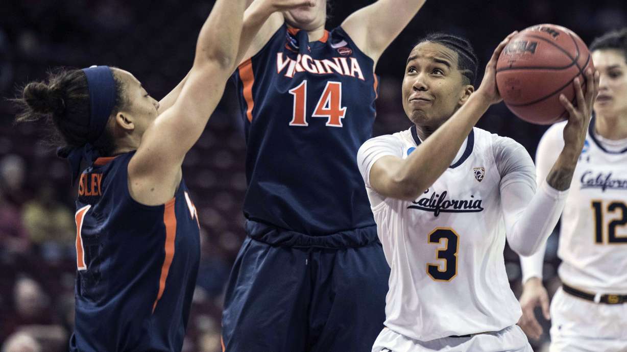 FILE - California guard Mikayla Cowling (3) drives to the hoop against Virginia guard Brianna Tinsley (1) and Lisa Jablonowski (14) during the first half of a first-round game in the NCAA women's college basketball tournament March 16, 2018, in Columbia, S.C. Cowling, now with Polish professional women's basketball club VBW Arka Gdynia, was beaten and left with a head injury midweek with the attacker later detained, according to officials and reports in Polish media Sunday, Oct. 22, 2023.