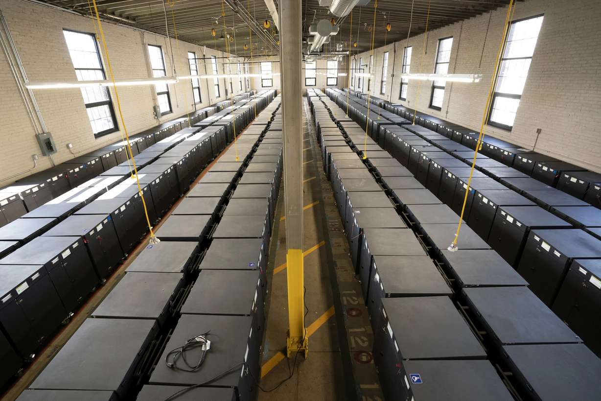 Rows of ballot marking devices are seen in Luzerne County's warehouse in Wilkes-Barre, Pa., Sept. 13.