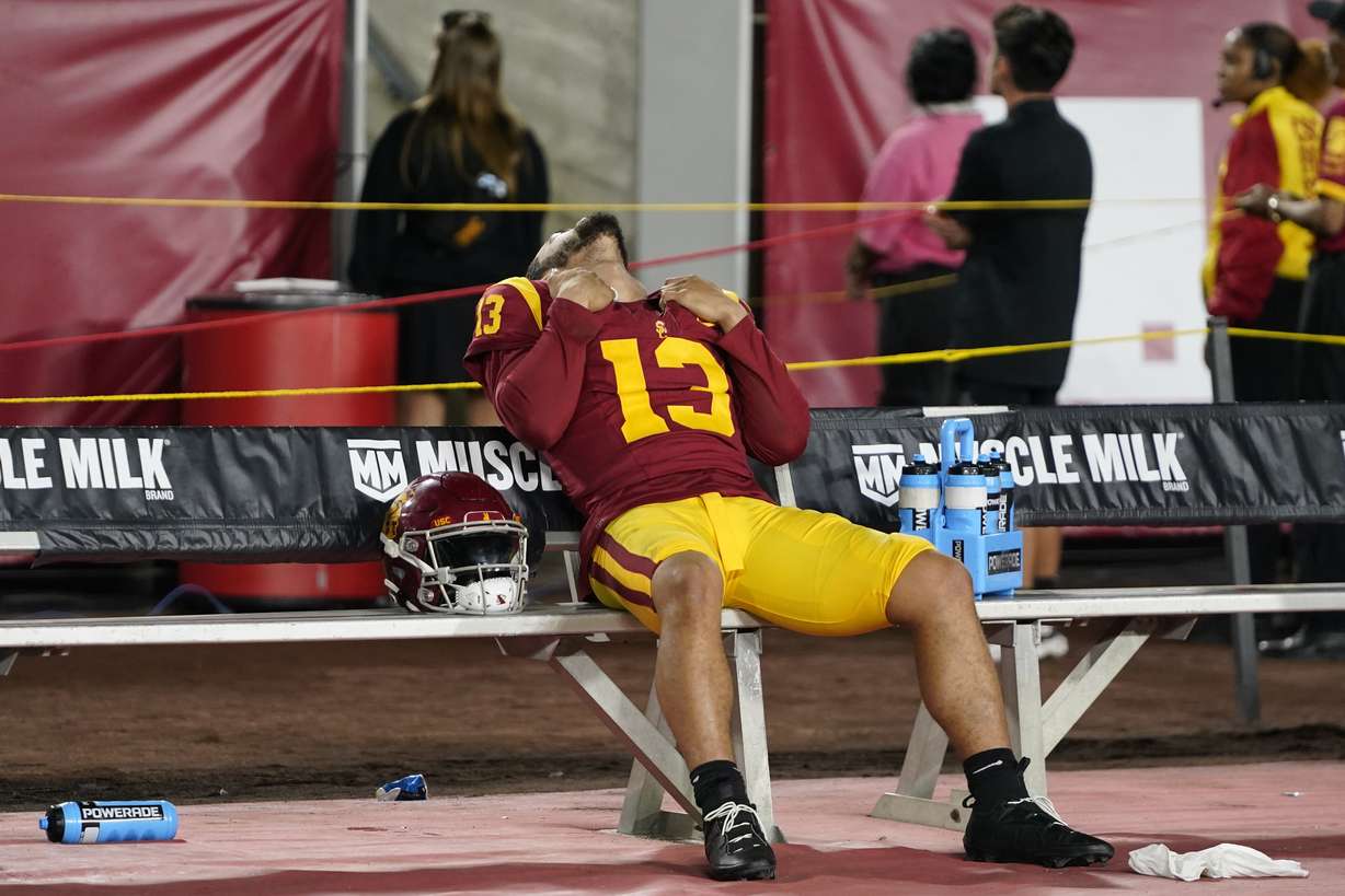 Southern California quarterback Caleb Williams reacts after the team's loss to Utah in an NCAA college football game, Saturday, Oct. 21, 2023, in Los Angeles.