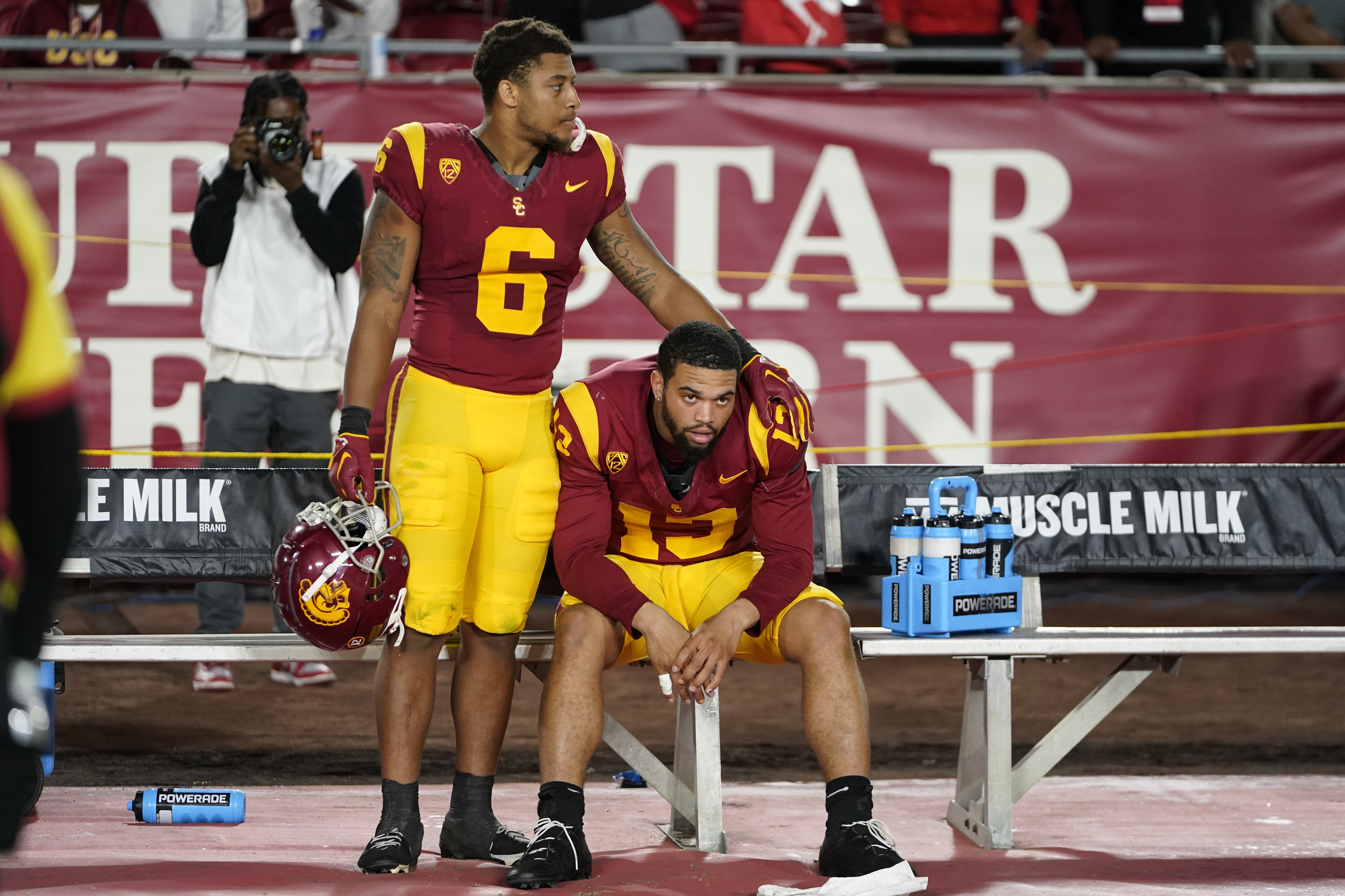 Southern California quarterback Caleb Williams, right, reacts with running back Austin Jones after the team's loss to Utah in an NCAA college football game, Saturday, Oct. 21, 2023, in Los Angeles.