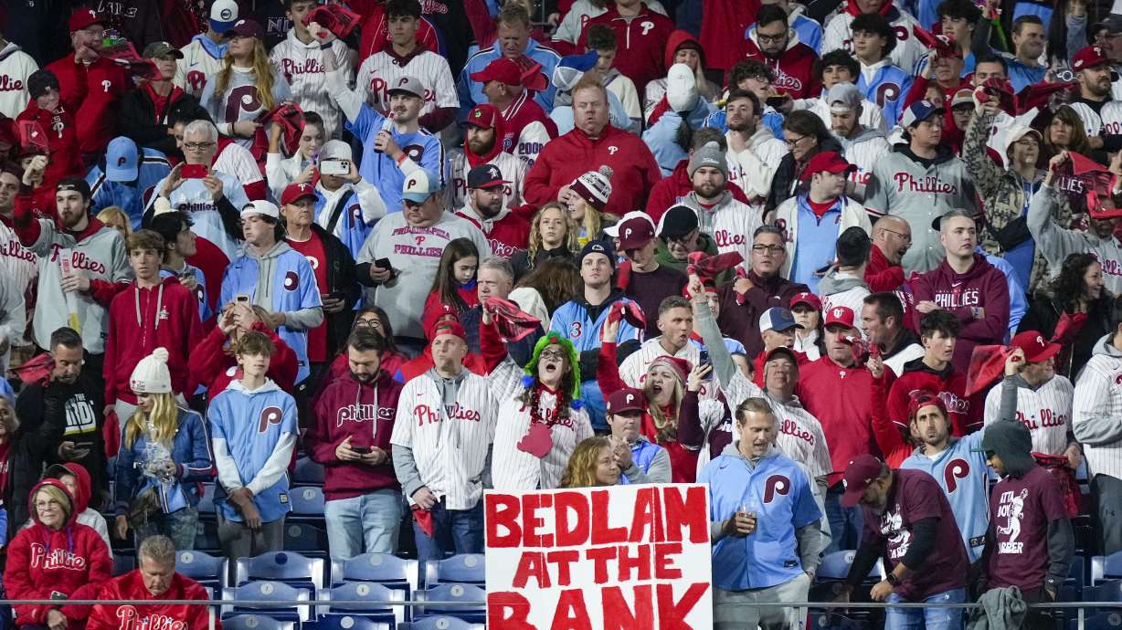 Fans cheer before Game 1 of the baseball NL Championship Series between the Philadelphia Phillies and the Arizona Diamondbacks in Philadelphia, Monday, Oct. 16, 2023.