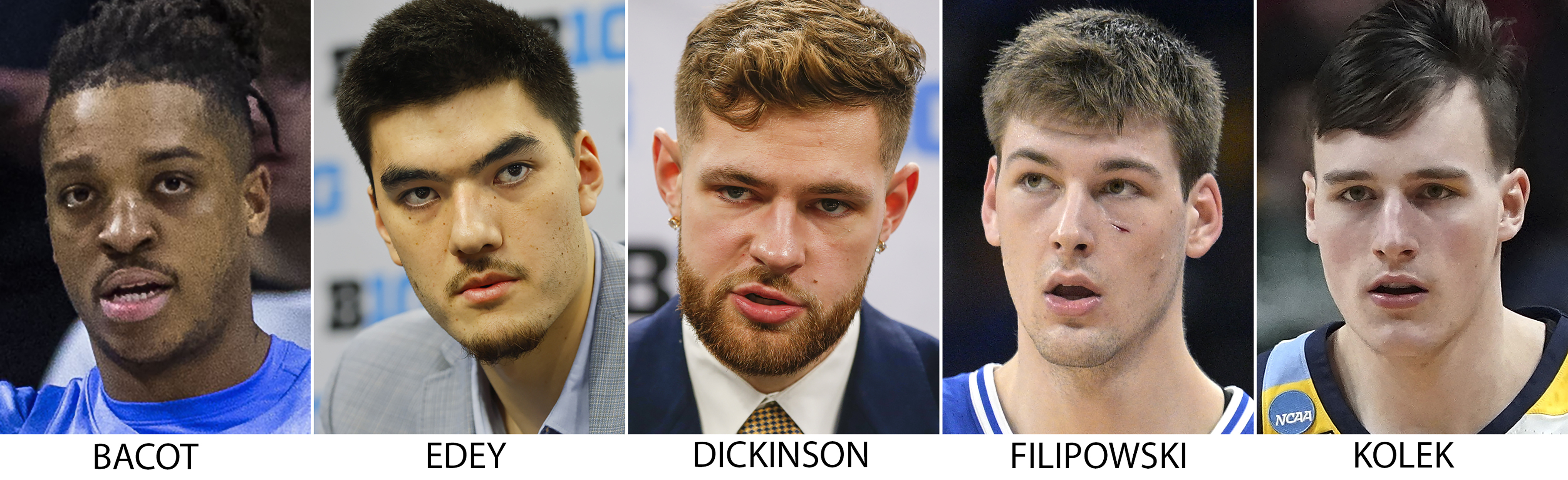 FILE - Members of the preseason AP All-America men’s NCAA college basketball team, revealed Monday, Oct. 23, 2023, from left; Armando Bacot, North Carolina; Zach Edey, Purdue; Hunter Dickinson, Kansas; Kyle Filipowski, Duke and Tyler Kolek, Marquette. 