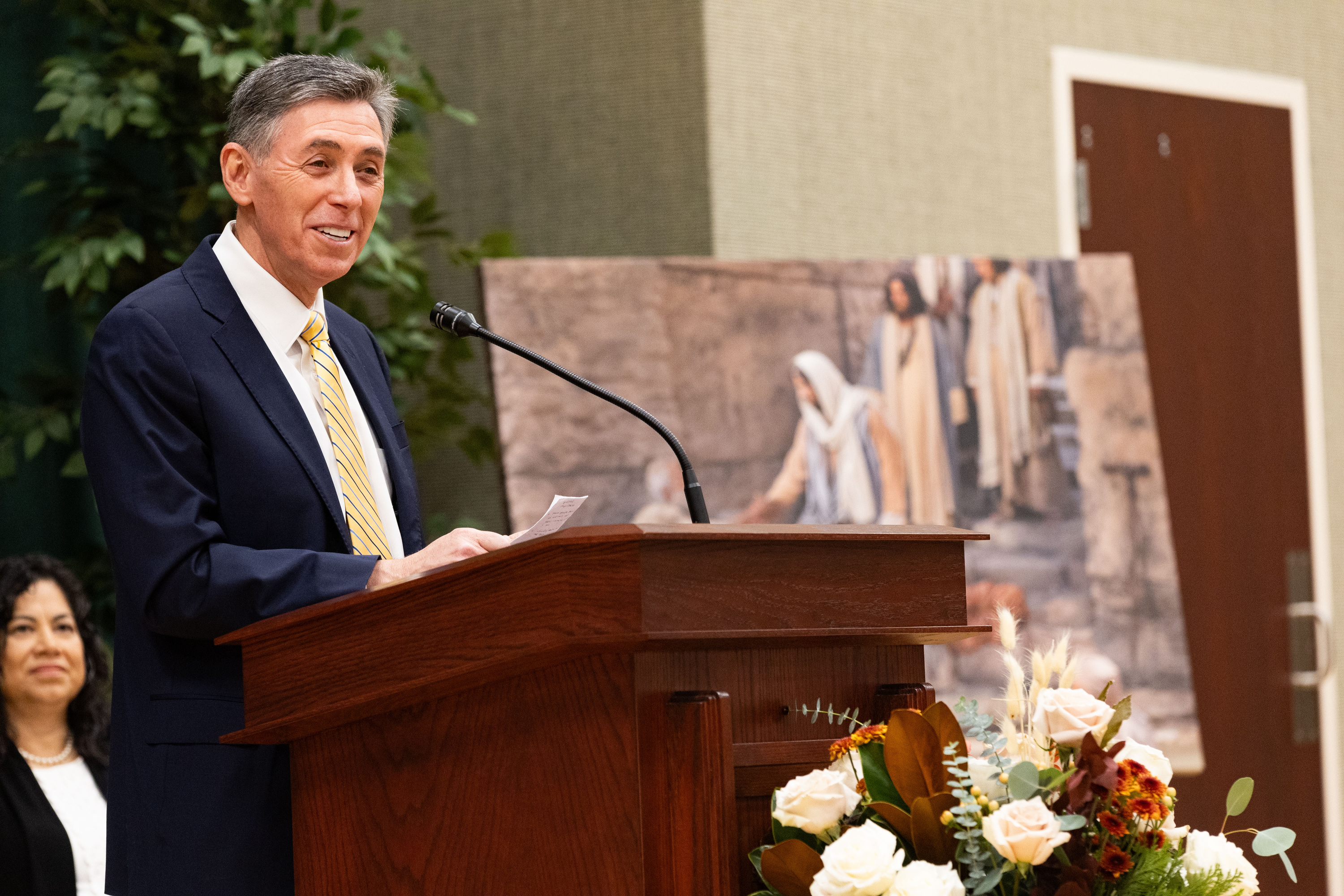 Elder Adilson de Paula Parrella, general authority seventy, speaks at a media briefing at a chapel across from the Orem Utah Temple on Monday.