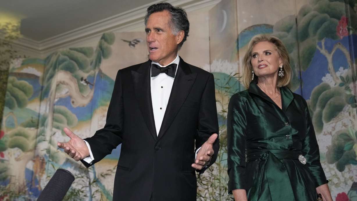 Sen. Mitt Romney, R-Utah, and his wife Ann Romney arrive for the State Dinner with President Joe Biden and South Korea’s President Yoon Suk Yeol at the White House, April 26 in Washington.
