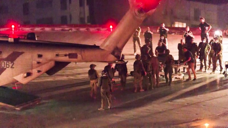 One of the two Israeli women who were freed by Hamas is transported into Ichilov, Tel Aviv Sourasky Medical Center in Tel Aviv, Israel, on Monday.