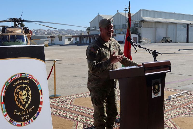 Gen. Michael "Erik" Kurilla, Commander of U.S. Central Command, speaks in Jordan, in Amman's Marka air base, Sept. 12, 2022. The U.S. military is taking new steps to protect its troops in the Middle East.