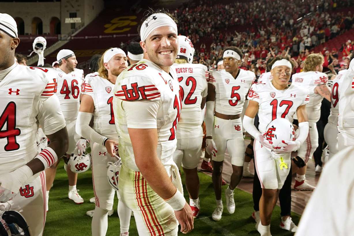 Utah quarterback Bryson Barnes smiles after Utah defeated Southern California 34-32 in an NCAA college football game Saturday, Oct. 21, 2023, in Los Angeles.