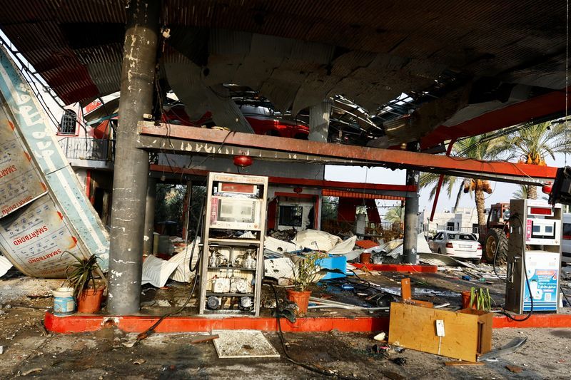 A petrol station was hit in an Israeli strike, amid the ongoing conflict between Israel and Palestinian Islamist group Hamas, in Khan Younis in the southern Gaza Strip Monday.