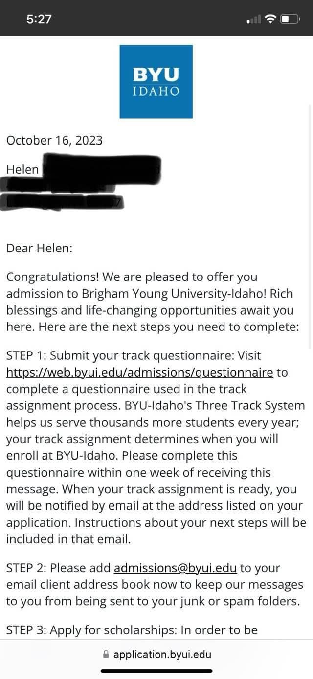 Helen Holland's acceptance email informing her that she will be able to start school at BYU-Idaho in January.
