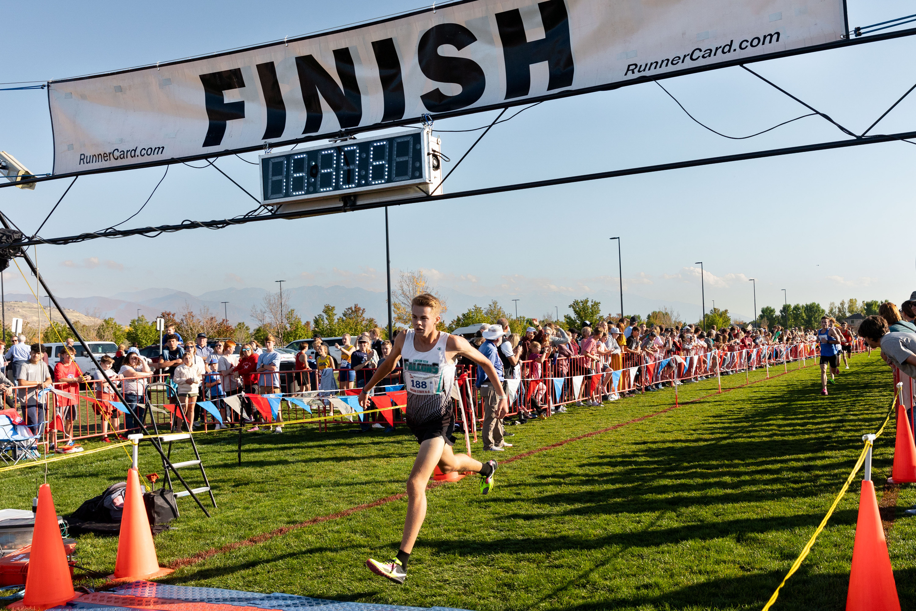 Canyon View’s Thomas Daniels crosses the finish line in the 3A state high school cross-country championships at the Regional Athletic Complex in Salt Lake City on Tuesday, Oct. 24, 2023. The Canyon View boys team took first.