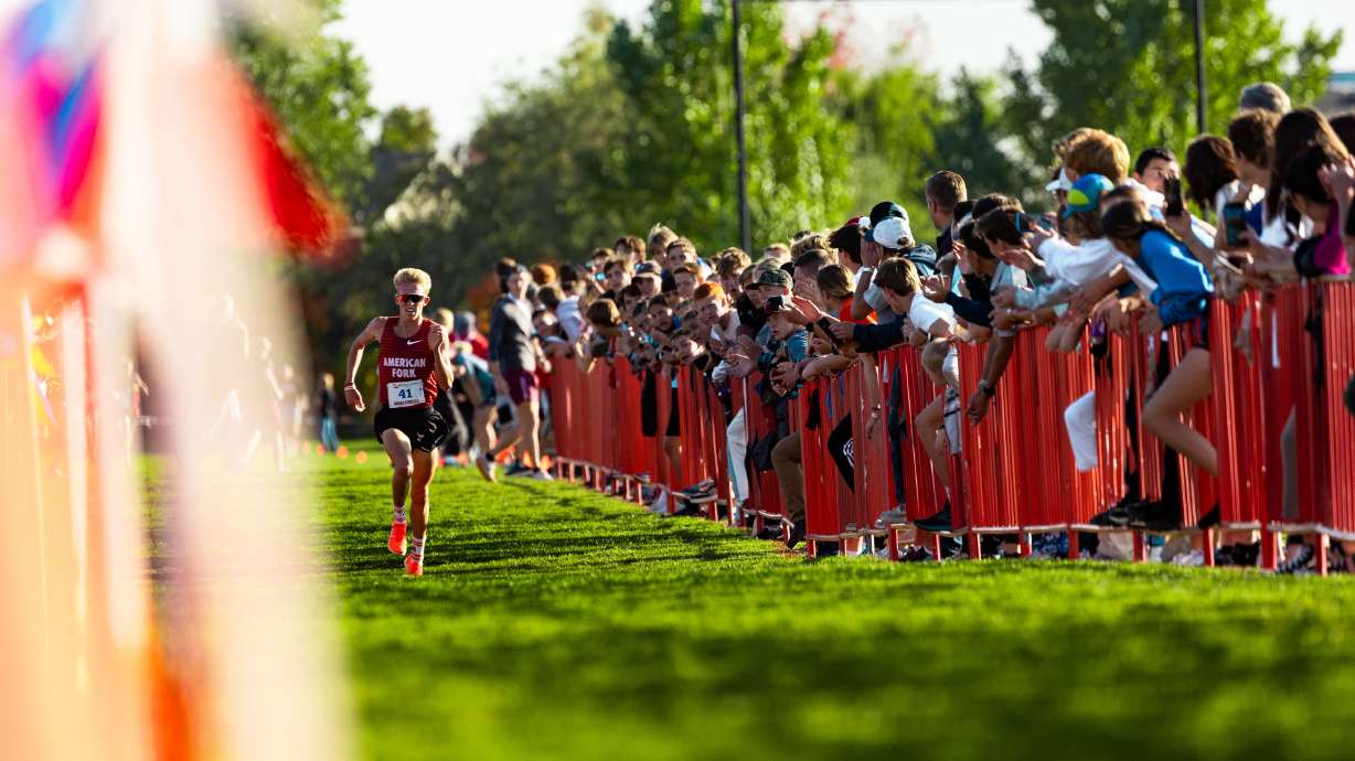 American Fork's Daniel Simmons approaches the finish line during the 6A state high school cross-country championships at the Regional Athletic Complex in Salt Lake City on Tuesday, Oct. 24, 2023.