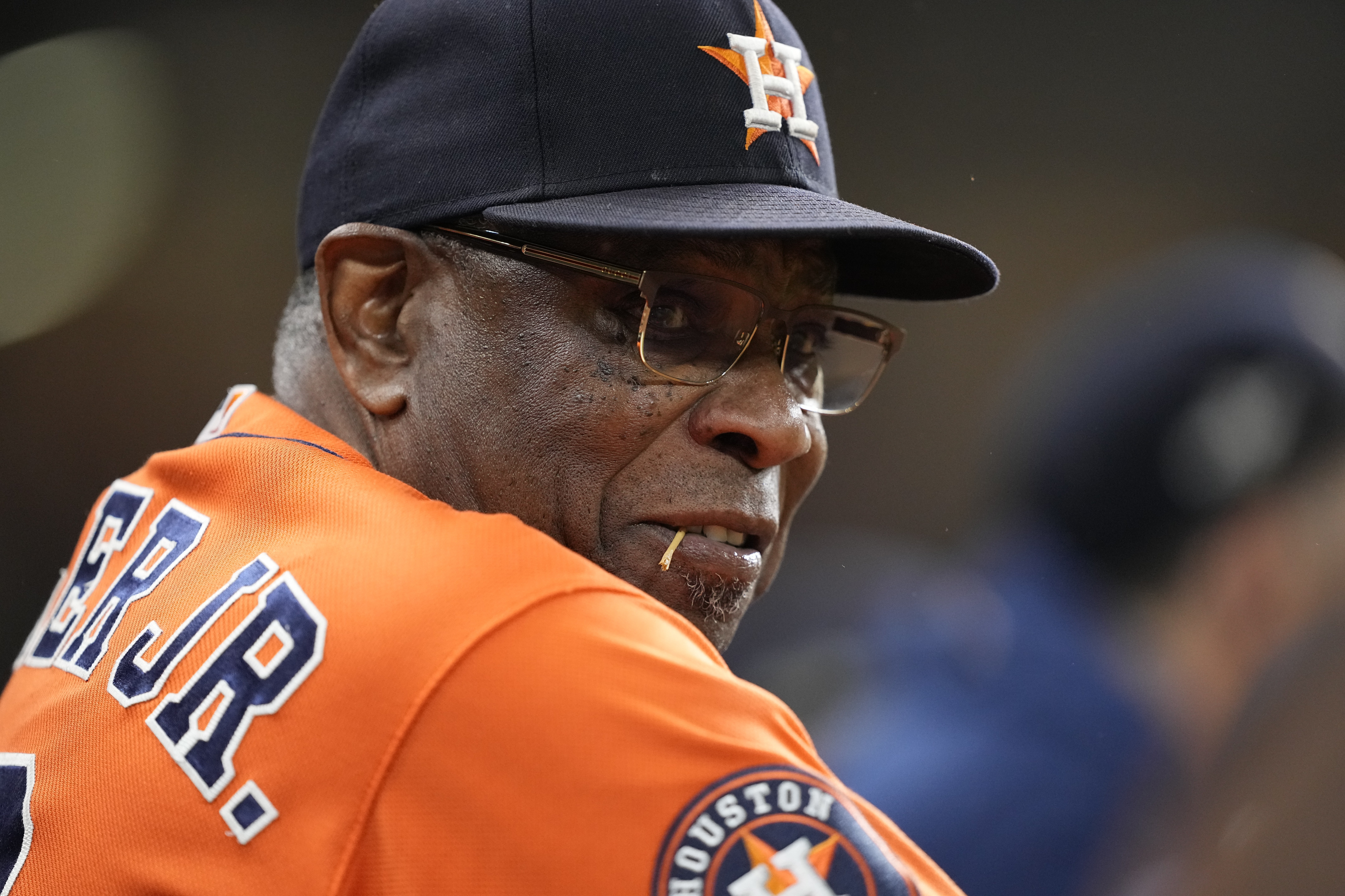 Houston Astros manager Dusty Baker watches during the first inning of Game 6 of the baseball AL Championship Series against the Texas Rangers Sunday, Oct. 22, 2023, in Houston.