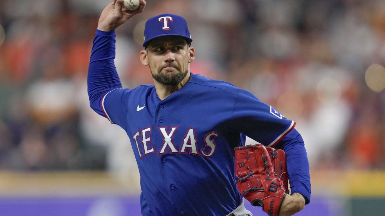 Texas Rangers starting pitcher Nathan Eovaldi thorws during the first inning of Game 6 of the baseball AL Championship Series against the Houston Astros Sunday, Oct. 22, 2023, in Houston.