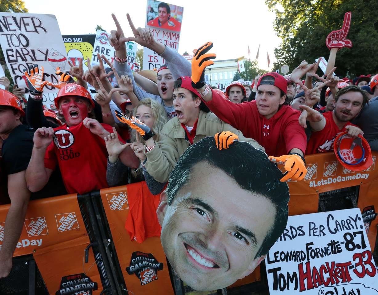 Fans cheer during the filming of the ESPN "College GameDay" show at the University of Utah in Salt Lake City on Saturday, Oct. 10, 2015.
