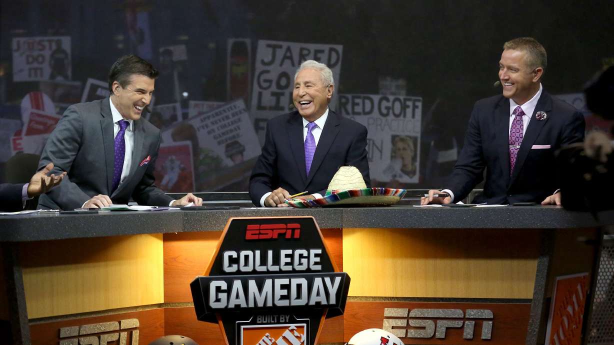 Rece Davis, Lee Corso, and Kirk Herbstreitat film the ESPN College GameDay show at the University of Utah in Salt Lake City on Saturday, Oct. 10, 2015.