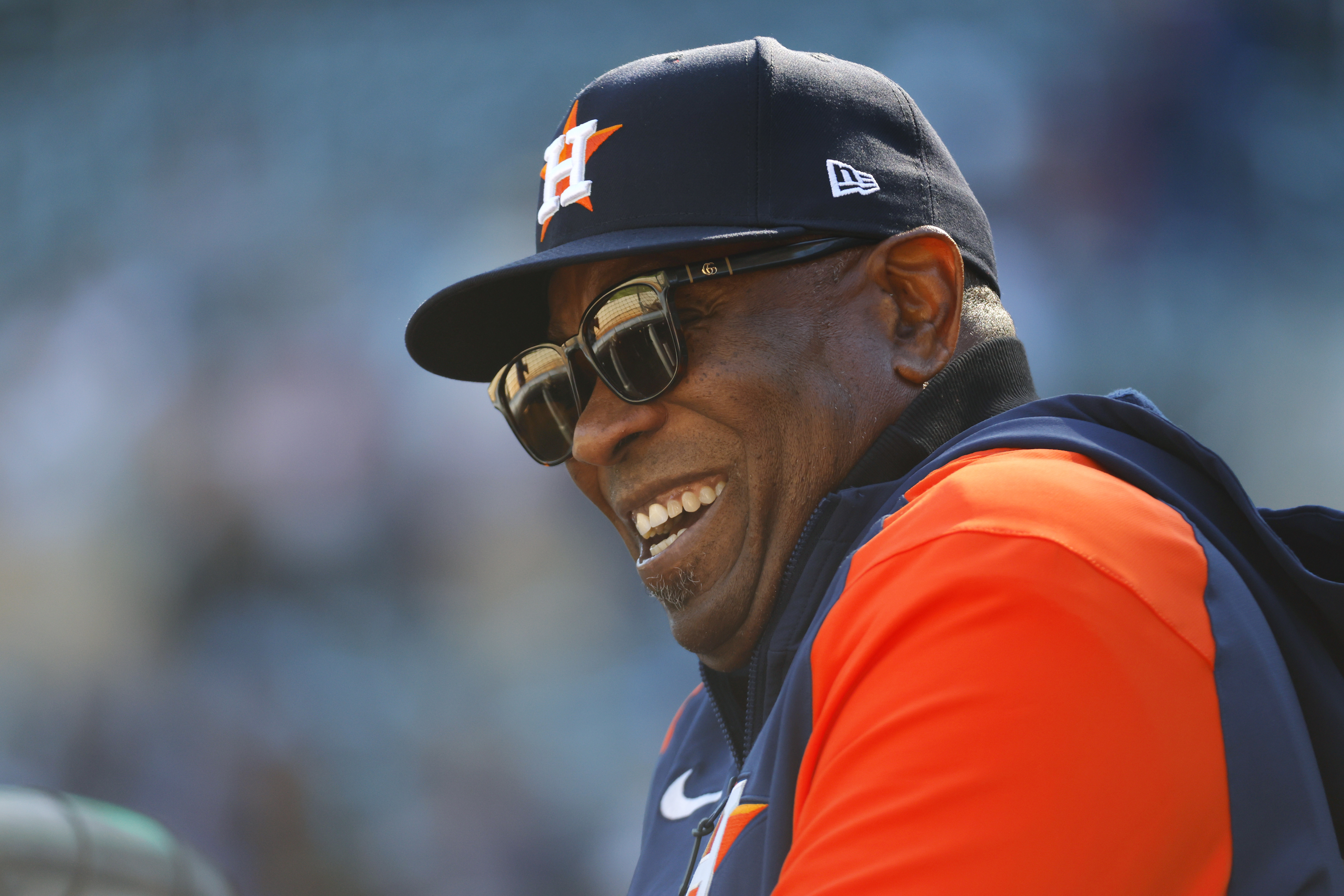 Houston Astros manager Dusty Baker Jr. watches batting practice before Game 3 of an American League Division Series baseball game against the Minnesota Twins, Tuesday, Oct. 10, 2023, in Minneapolis.