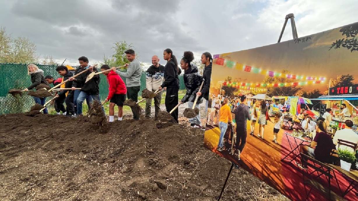 Salt Lake City leaders and students break ground on the new Glendale Regional Park Thursday. The first phase of the park, the city's first regional park in over 60 years, is slated to open in 2024.