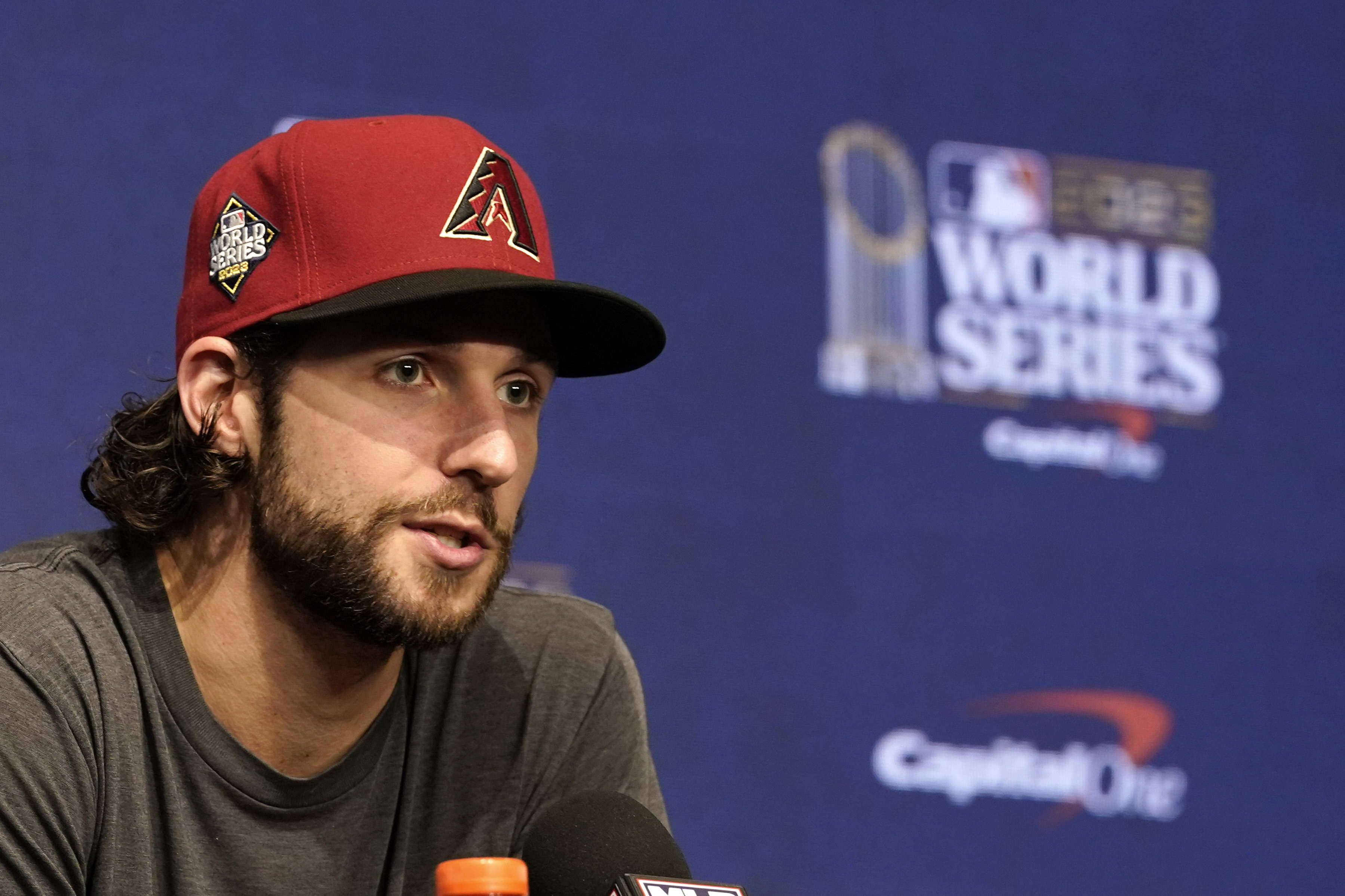 Arizona Diamondbacks starting pitcher Zac Gallen answers a question during a World Series baseball media day Thursday, Oct. 26, 2023, in Arlington, Texas. The Diamondbacks will play the Texas Rangers in Game 1 of the World Series tomorrow. 