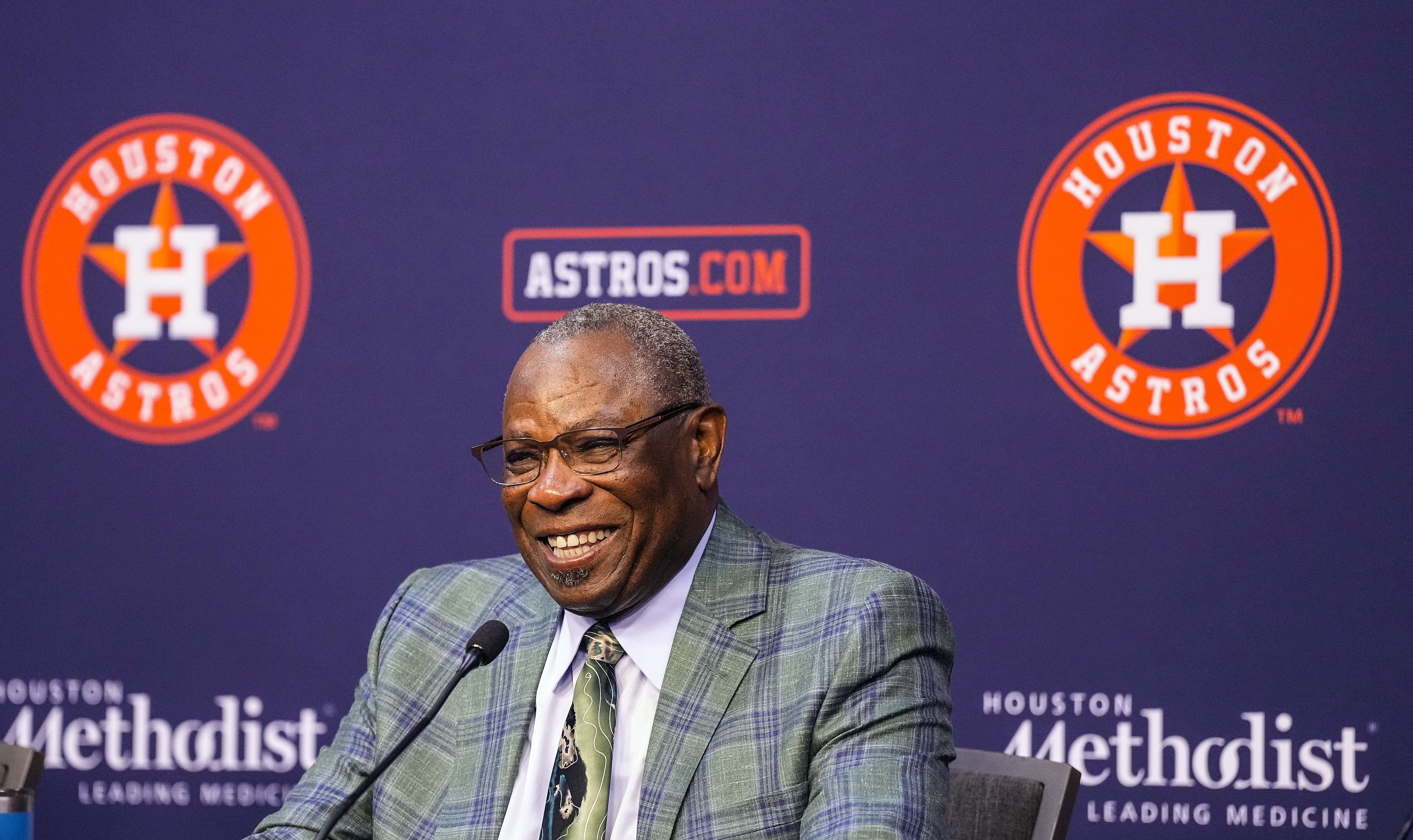 Houston Astros manager Dusty Baker Jr. answers questions from the media during a baseball press conference announcing his retirement, Thursday, Oct. 26, 2023, at Minute Maid Park in Houston. 