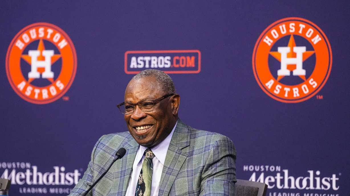 Houston Astros manager Dusty Baker Jr. answers questions from the media during a baseball press conference announcing his retirement, Thursday, Oct. 26, 2023, at Minute Maid Park in Houston.