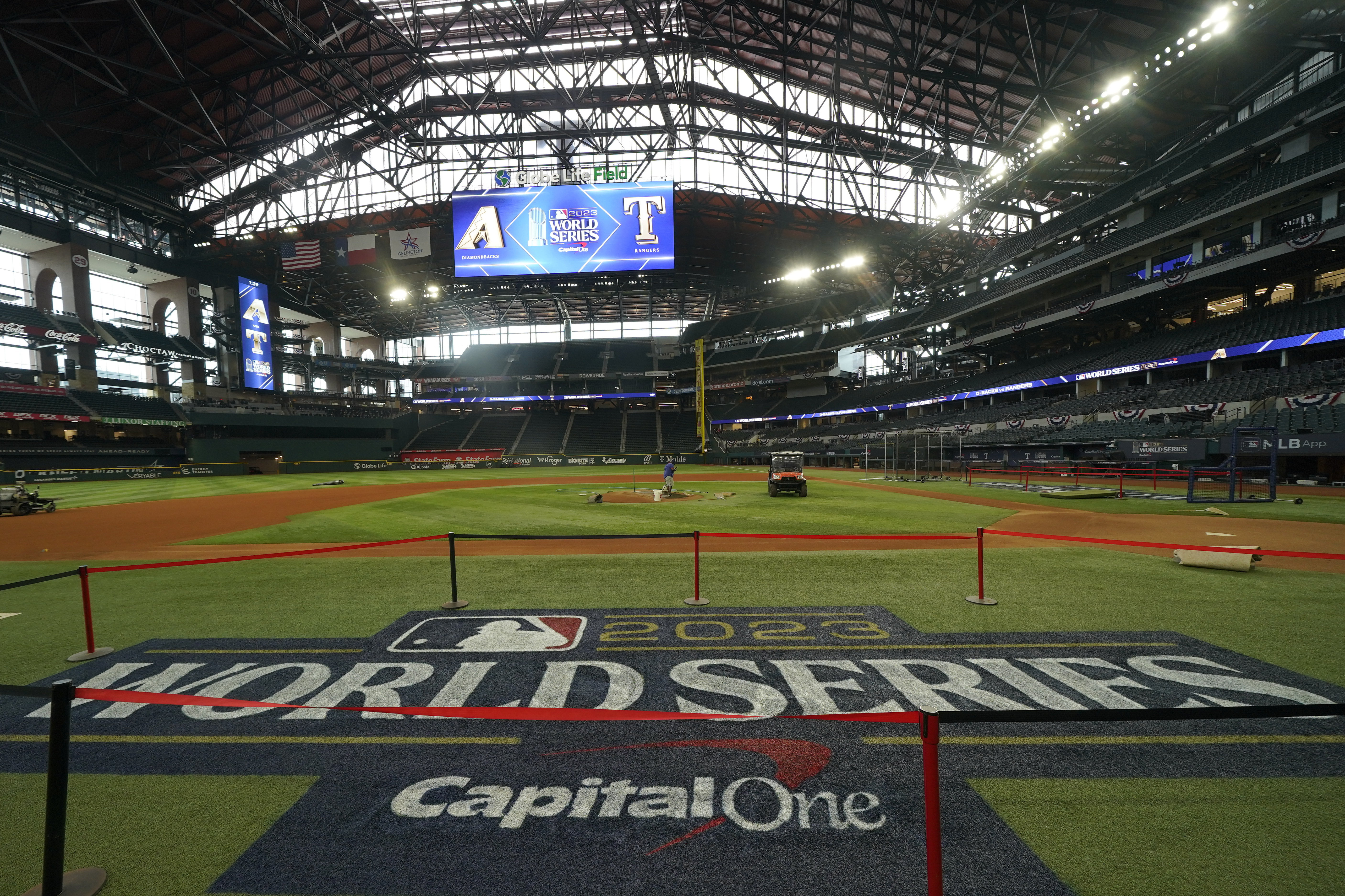 Signage is seen near the infield at Globe Life Field ahead of the World Series between the Texas Rangers and the Arizona Diamondbacks, Wednesday, Oct. 25, 2023, in Arlington, Texas. 