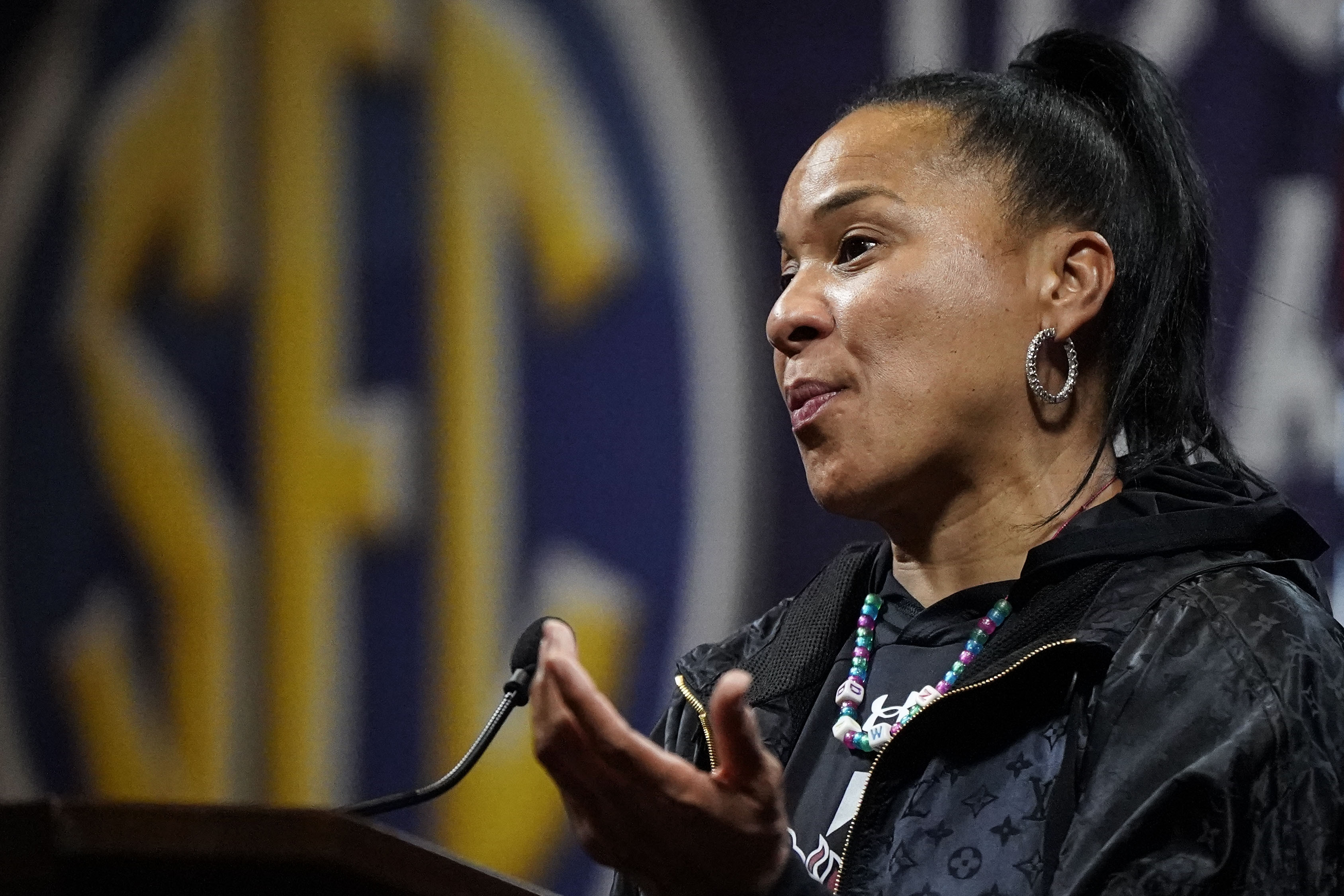 South Carolina NCAA women's college basketball head coach Dawn Staley speaks during Southeastern Conference Media Days, Thursday, Oct. 19, 2023, in Birmingham, Ala. 