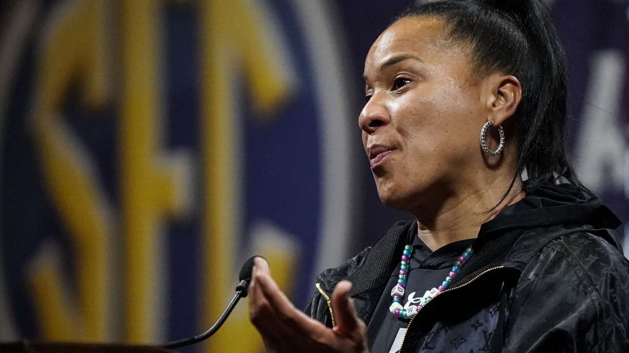 South Carolina NCAA women's college basketball head coach Dawn Staley speaks during Southeastern Conference Media Days, Thursday, Oct. 19, 2023, in Birmingham, Ala.