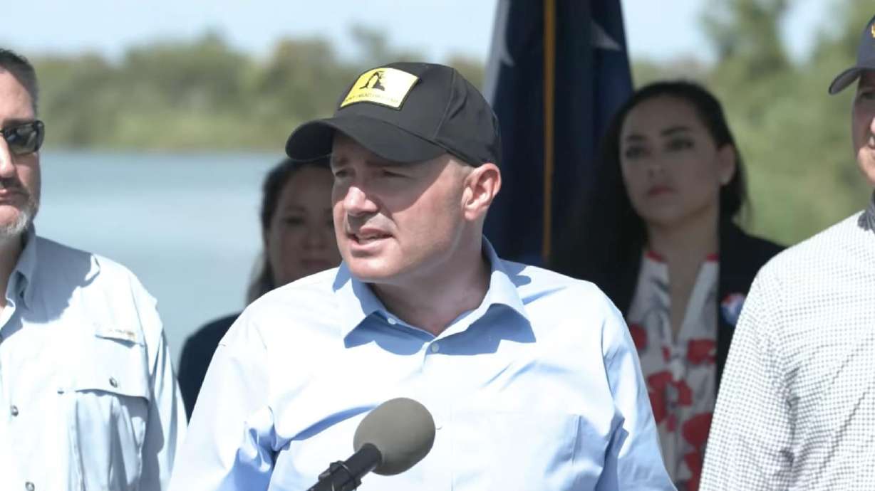 Sen. Mike Lee, R-Utah, speaks during a press conference while visiting the U.S.-Mexico border in Mission, Texas, on Friday.