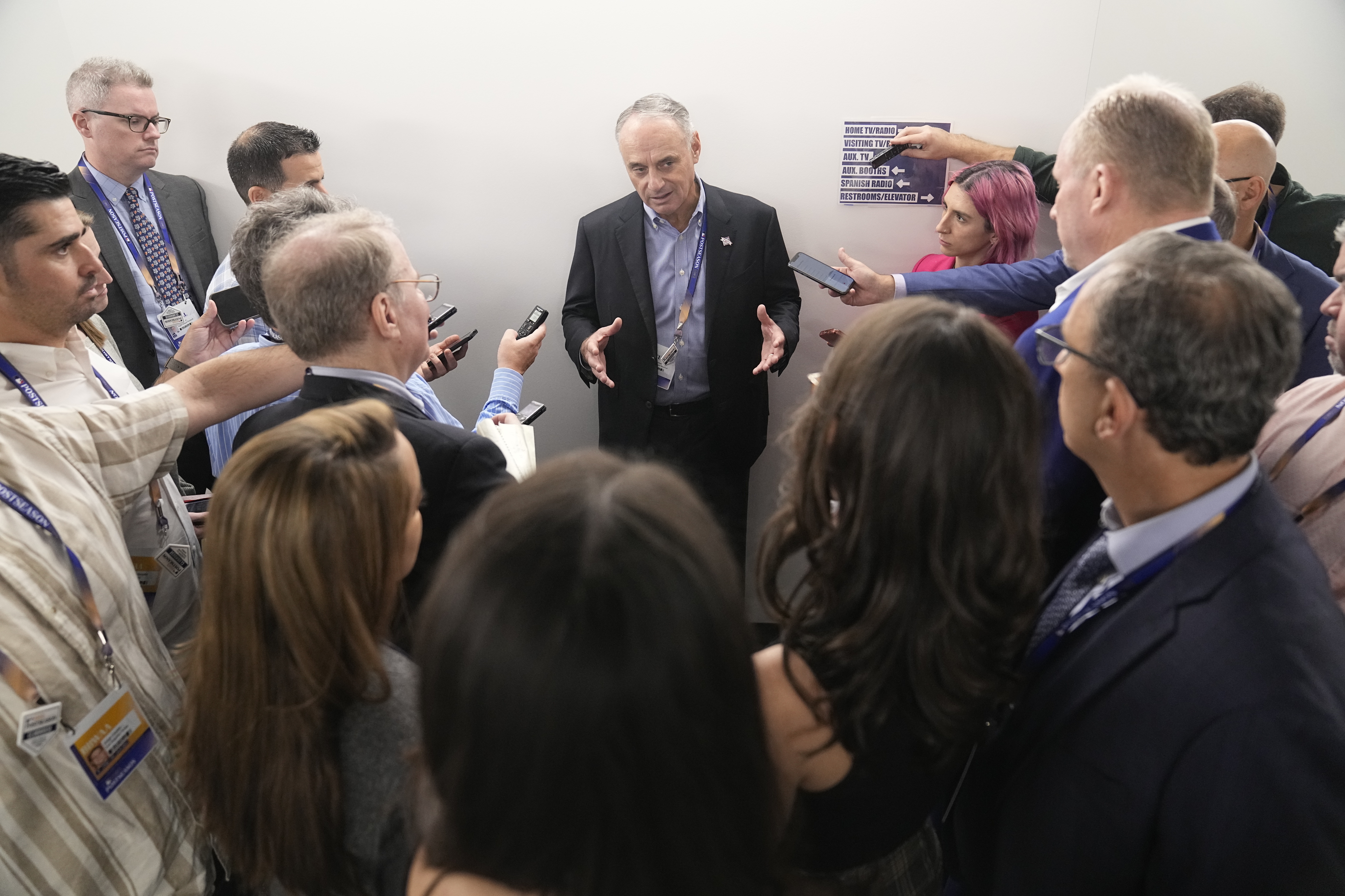 Major League Baseball Commissioner Rob Manfred talks with reporters before Game 1 of the baseball World Series between the Arizona Diamondbacks and the Texas Rangers Friday, Oct. 27, 2023, in Arlington, Texas. 