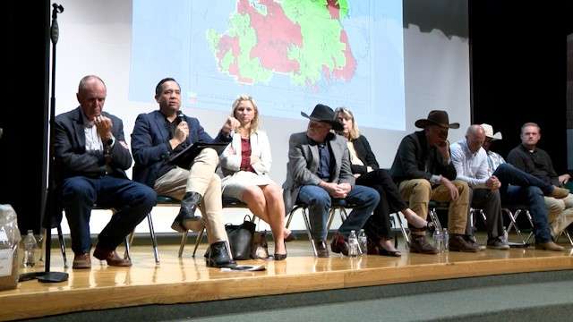 State and county leaders, including Utah Attorney General Sean Reyes (second from left), meet in Tropic, Garfield County, on Wednesday to discuss the Bureau of Land Management's new resource management plan options for the Grand Staircase-Escalante National Monument. Southern Utah ranchers' grazing rights could be dramatically reduced depending on which plan is chosen.