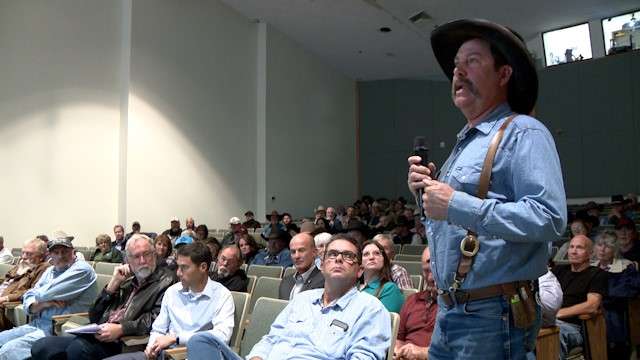Garfield County cattle rancher Derrel Spencer speaks a meeting to discuss the Bureau of Land Management's new resource management plan options for the Grand Staircase-Escalante National Monument, which took place Wednesday in Tropic, Garfield County. Southern Utah ranchers' grazing rights could be dramatically reduced depending on which plan is chosen.