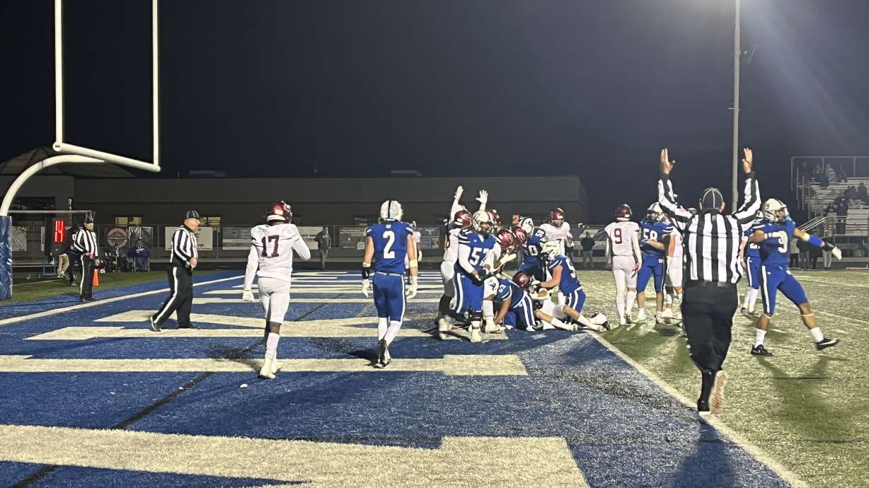 Carson Rasmussen 1-yard rushing touchdown pushing Pleasant Grove ahead for 21-17 win over Herriman in second round of playoffs on Friday, Oct. 27, 2023 in Pleasant Grove.