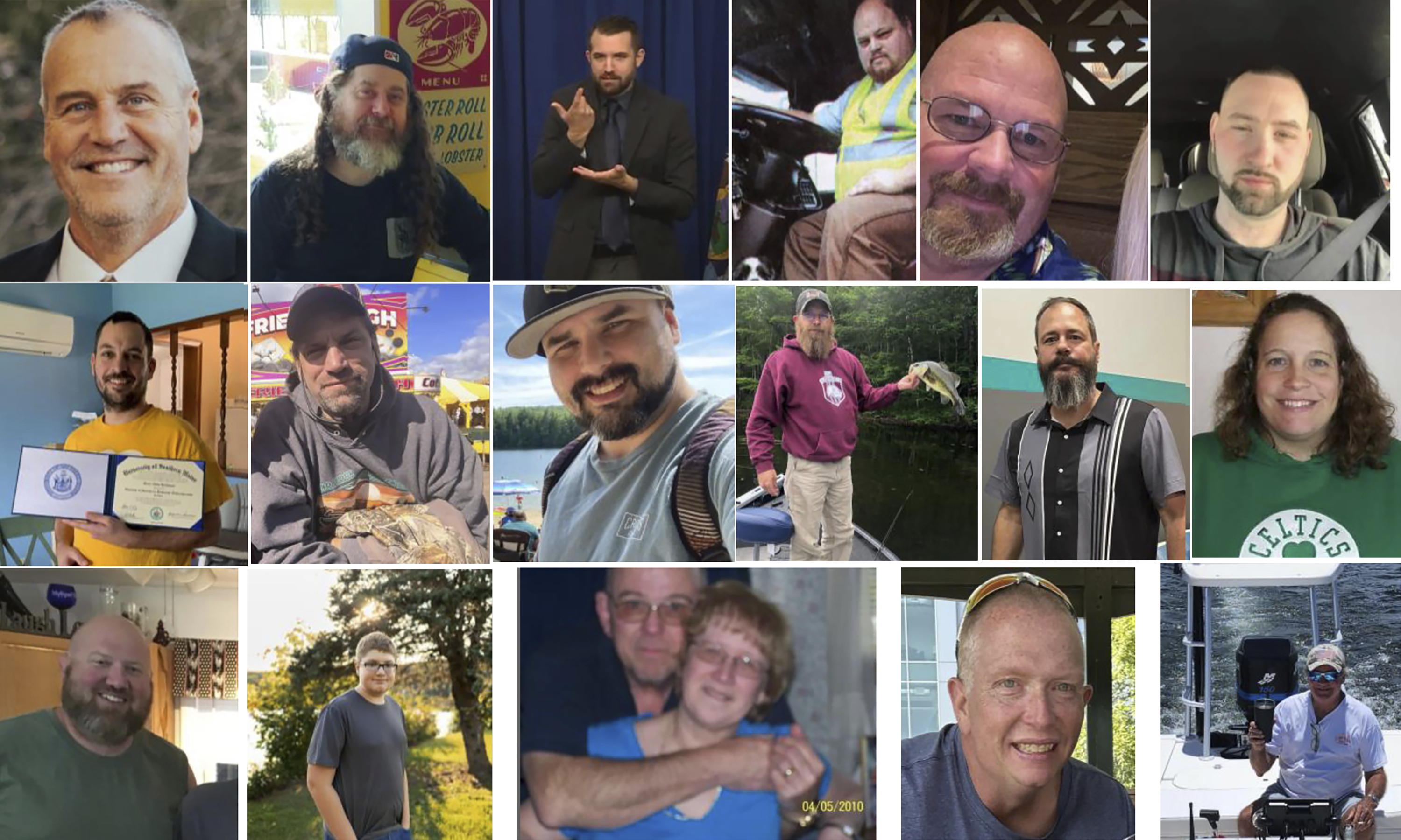 These photos provided by the Maine Department of Public Safety show victims of the Maine Shooting, Top from left, Ronald G. Morin, Peyton Brewer-Ross, Joshua A. Seal, Bryan M. MacFarlane, Joseph Lawrence Walker, Arthur Fred Strout. Second row from left, Maxx A. Hathaway, Stephen M. Vozzella, Thomas Ryan Conrad, Michael R. Deslauiers II, Jason Adam, Tricia C. Asselin. Third Row from left, William A. Young, Aaron Young, Robert E. Violette and Lucille M. Violette, William Frank, Keith D. Macneir.
