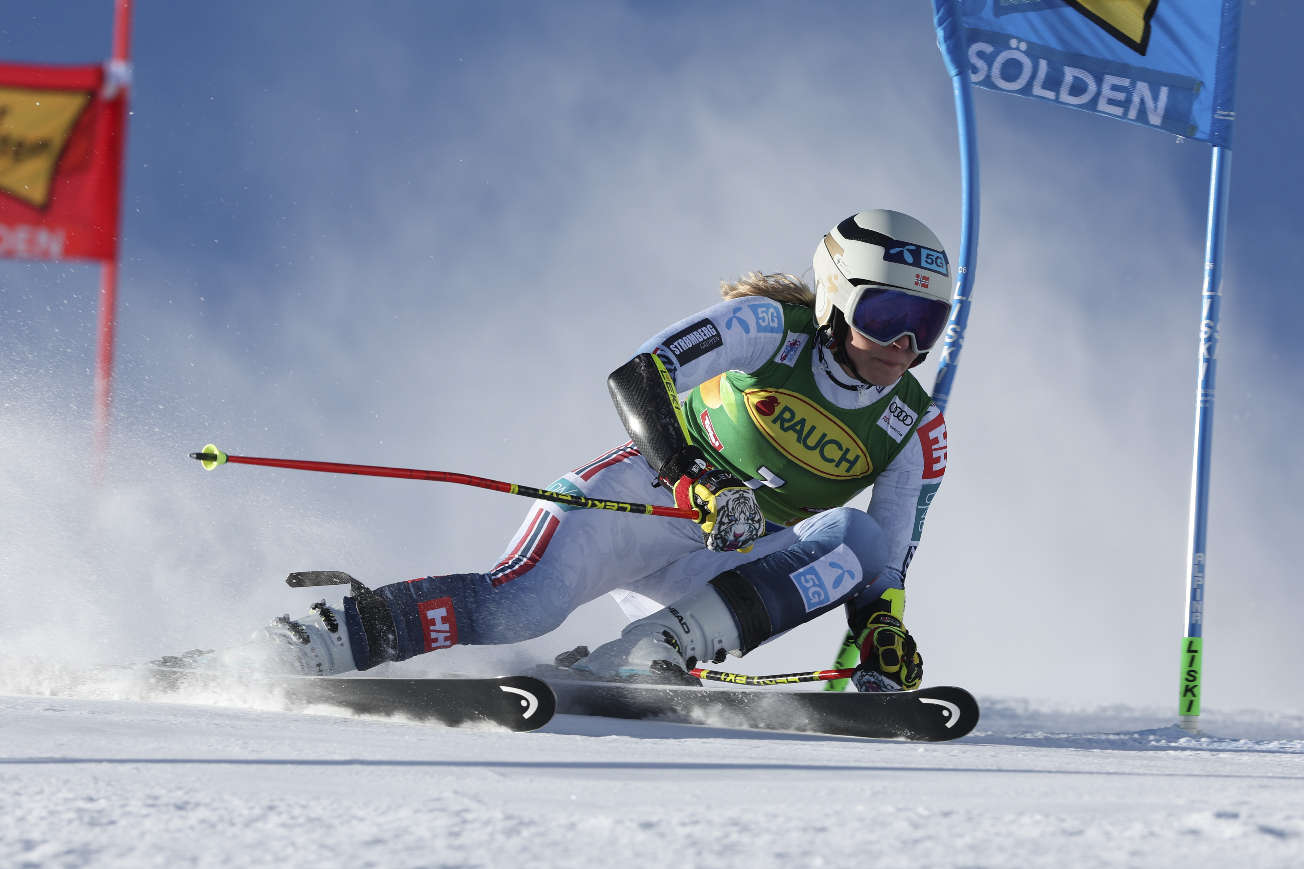 Norway's Ragnhild Mowinckel speeds down the course during the first run of an alpine ski, women's World Cup giant slalom race, in Soelden, Austria, Saturday, Oct. 28, 2023. 