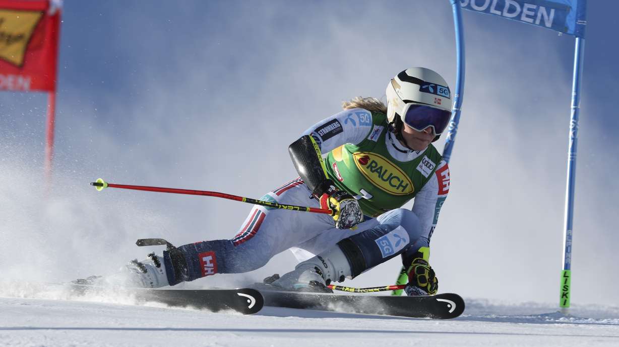 Norway's Ragnhild Mowinckel speeds down the course during the first run of an alpine ski, women's World Cup giant slalom race, in Soelden, Austria, Saturday, Oct. 28, 2023.