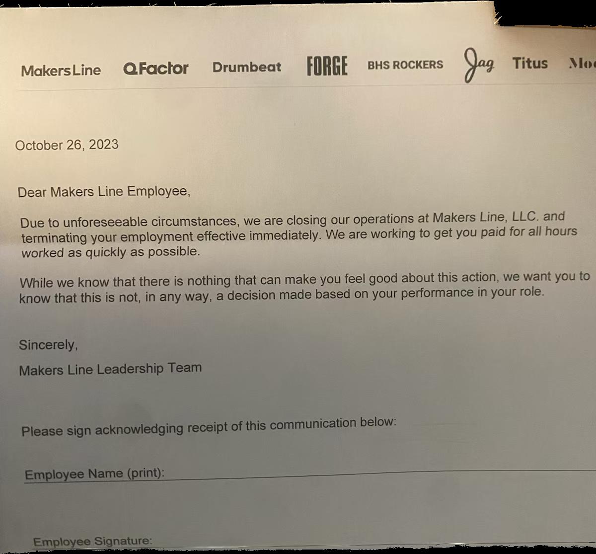 KSL obtained a copy of the letter that Makers Line sent to its employees.