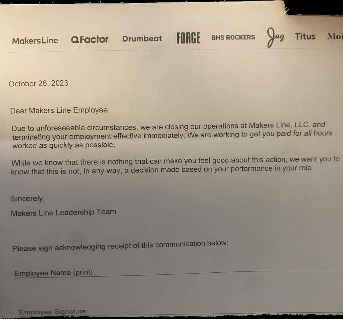 KSL obtained a copy of the letter that Makers Line sent to its employees.