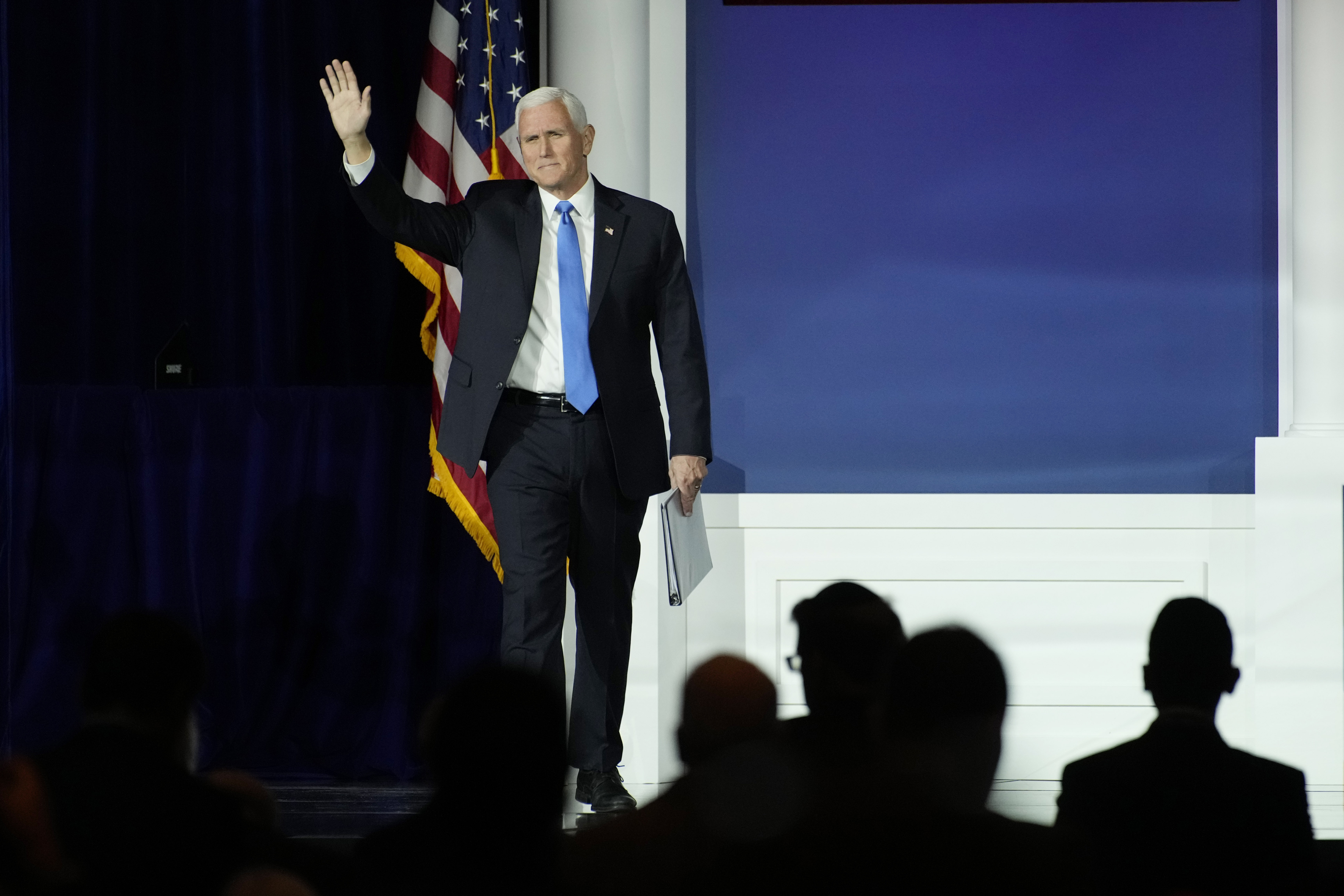 Former Vice President Mike Pence arrives to speak at an annual leadership meeting of the Republican Jewish Coalition, Saturday, in Las Vegas. Pence said he is dropping his bid for the Republican presidential nomination, ending his campaign for the White House after struggling to raise money and gain traction in the polls.