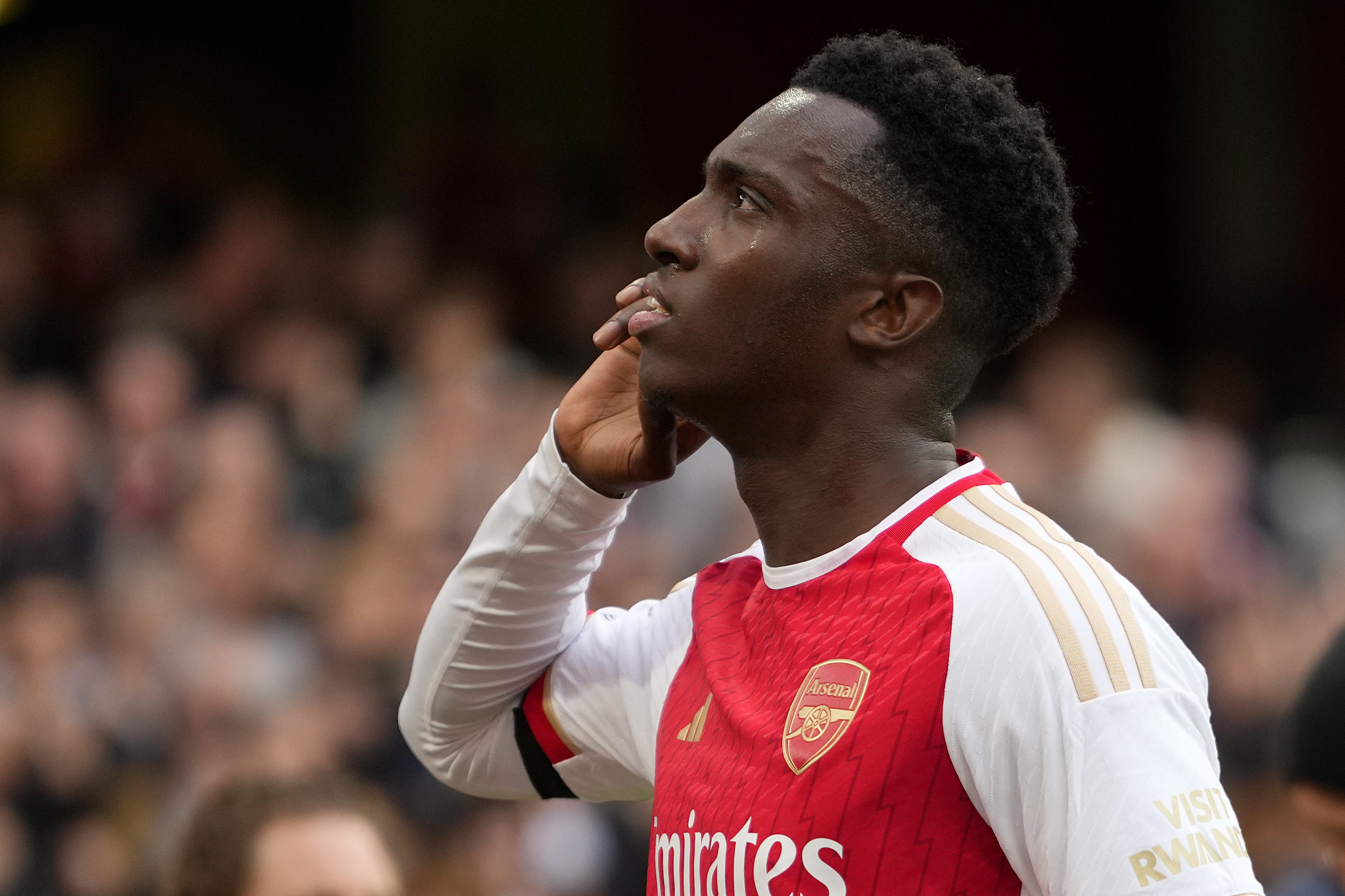 Arsenal's Eddie Nketiah celebrates scoring his side's first goal during the English Premier League soccer match between Arsenal and Sheffield United at Emirates Stadium in London, Saturday, Oct. 28, 2023.